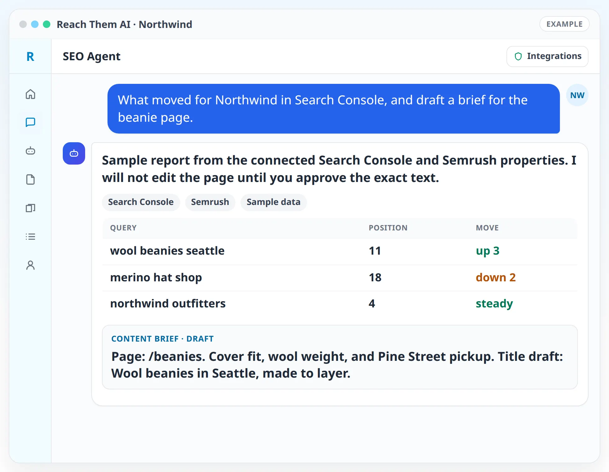 Reach Them AI chat with the SEO Agent showing a sample Northwind Search Console report and a beanie page content brief.
