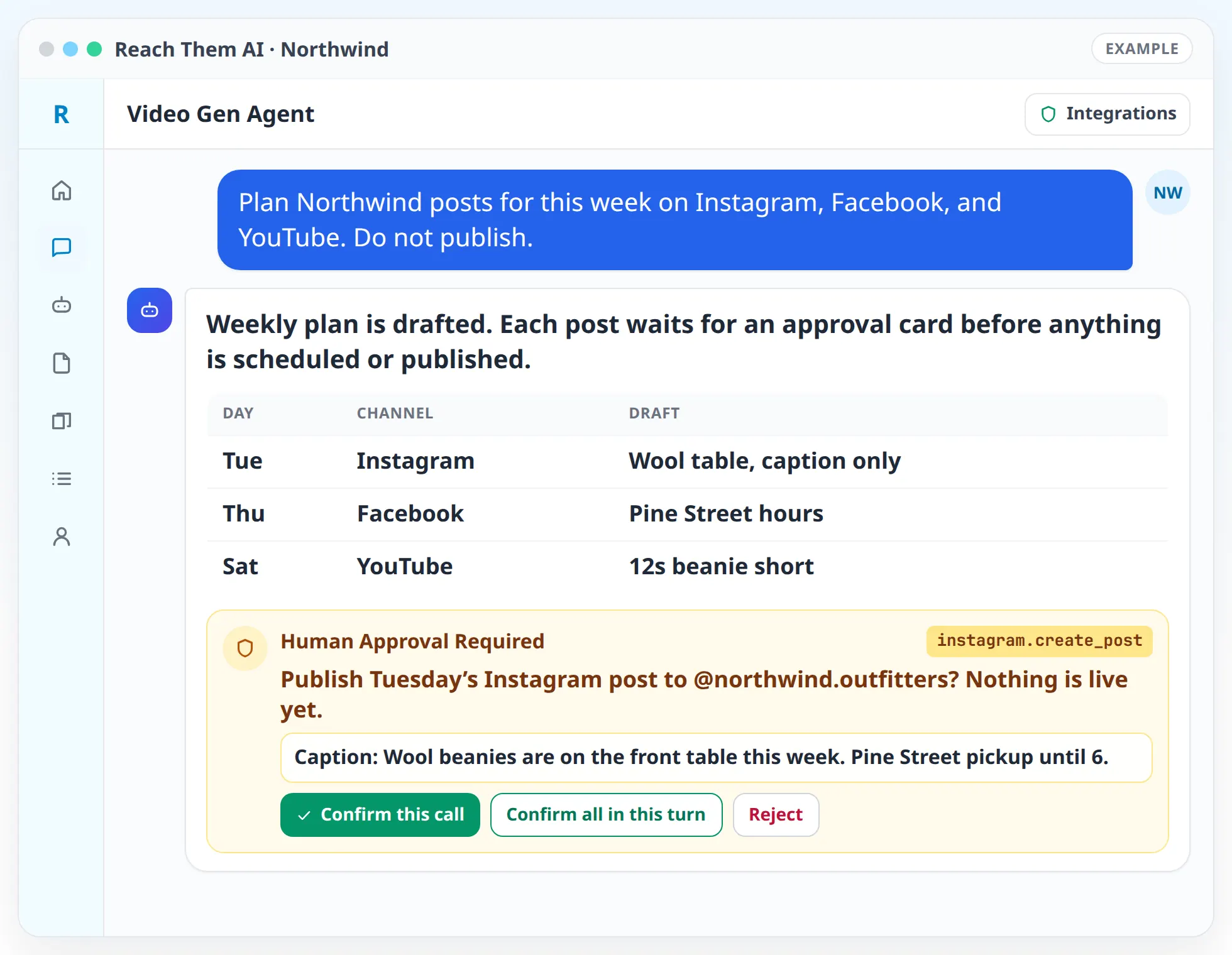 Reach Them AI chat with the Video Gen Agent showing a sample Northwind weekly plan for Instagram, Facebook, and YouTube, with publish waiting for approval.
