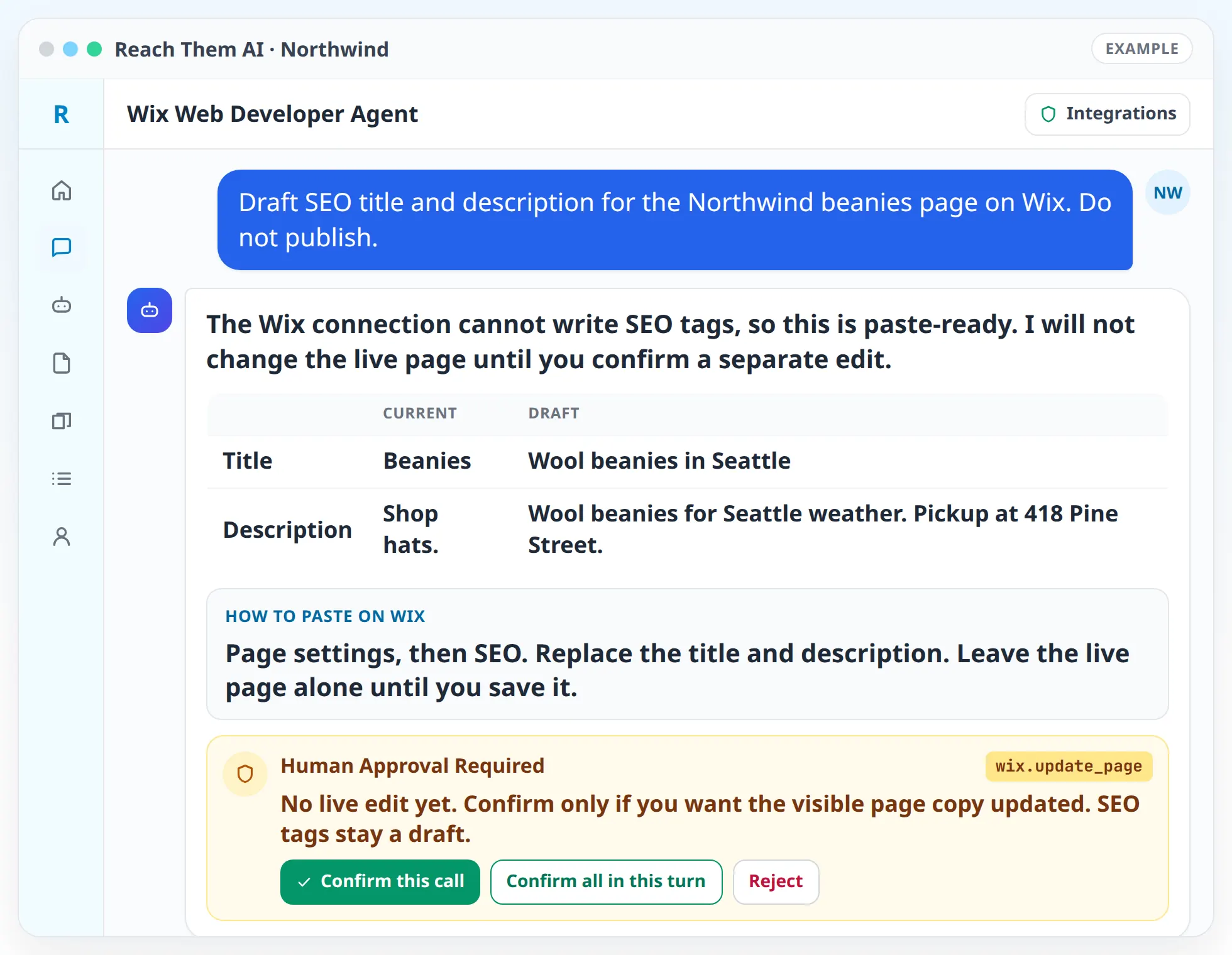 Reach Them AI chat with the Wix Web Developer Agent showing sample Northwind SEO title and description drafts waiting for approval.